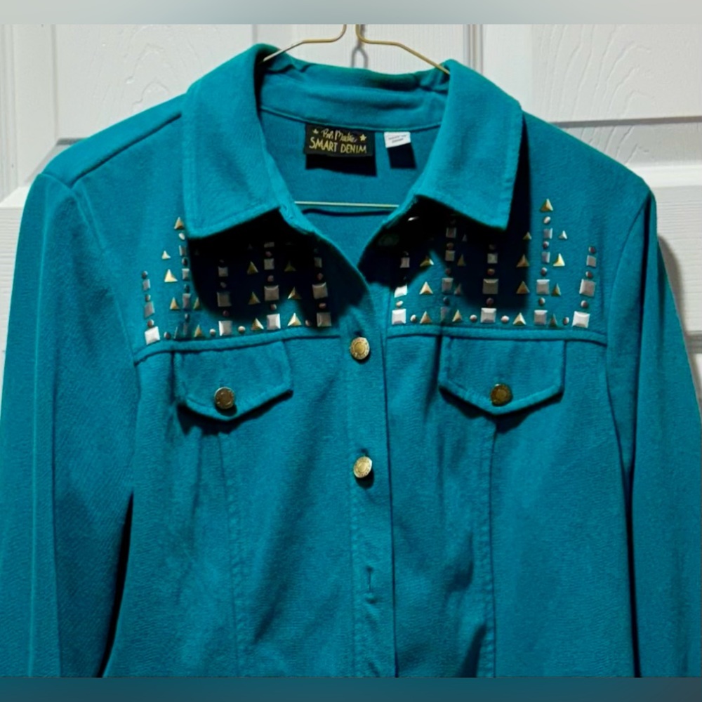 bob mackie Smart Denim Button blouse or light weight jacket with Bejeweled metal